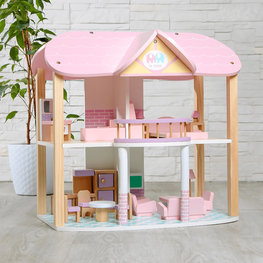 Children’s Pink Wooden Princess Dollhouse Villa with Full Furniture Set
