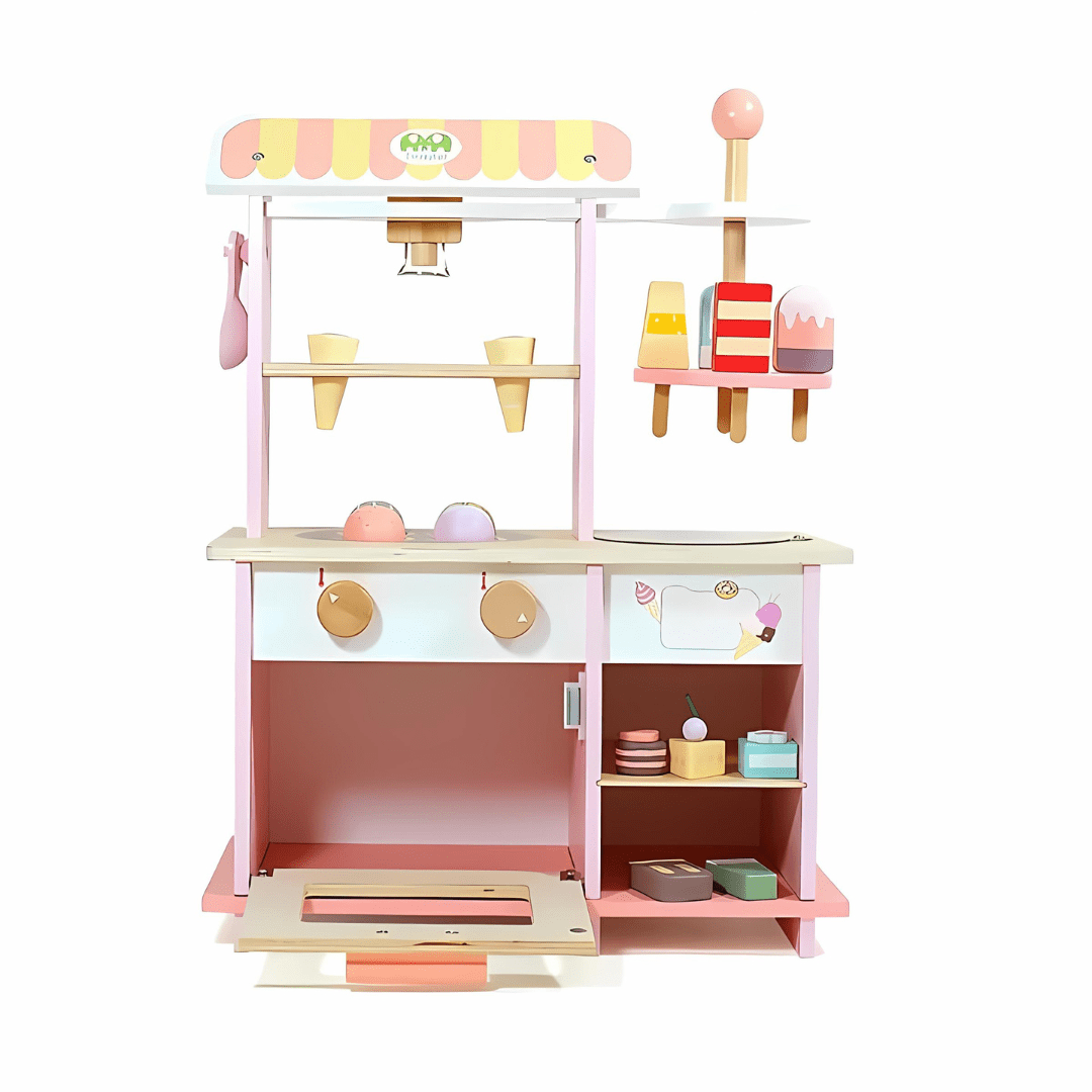Wooden Ice Cream Shop Play Kitchen – Kids Dessert Stall Toy Set