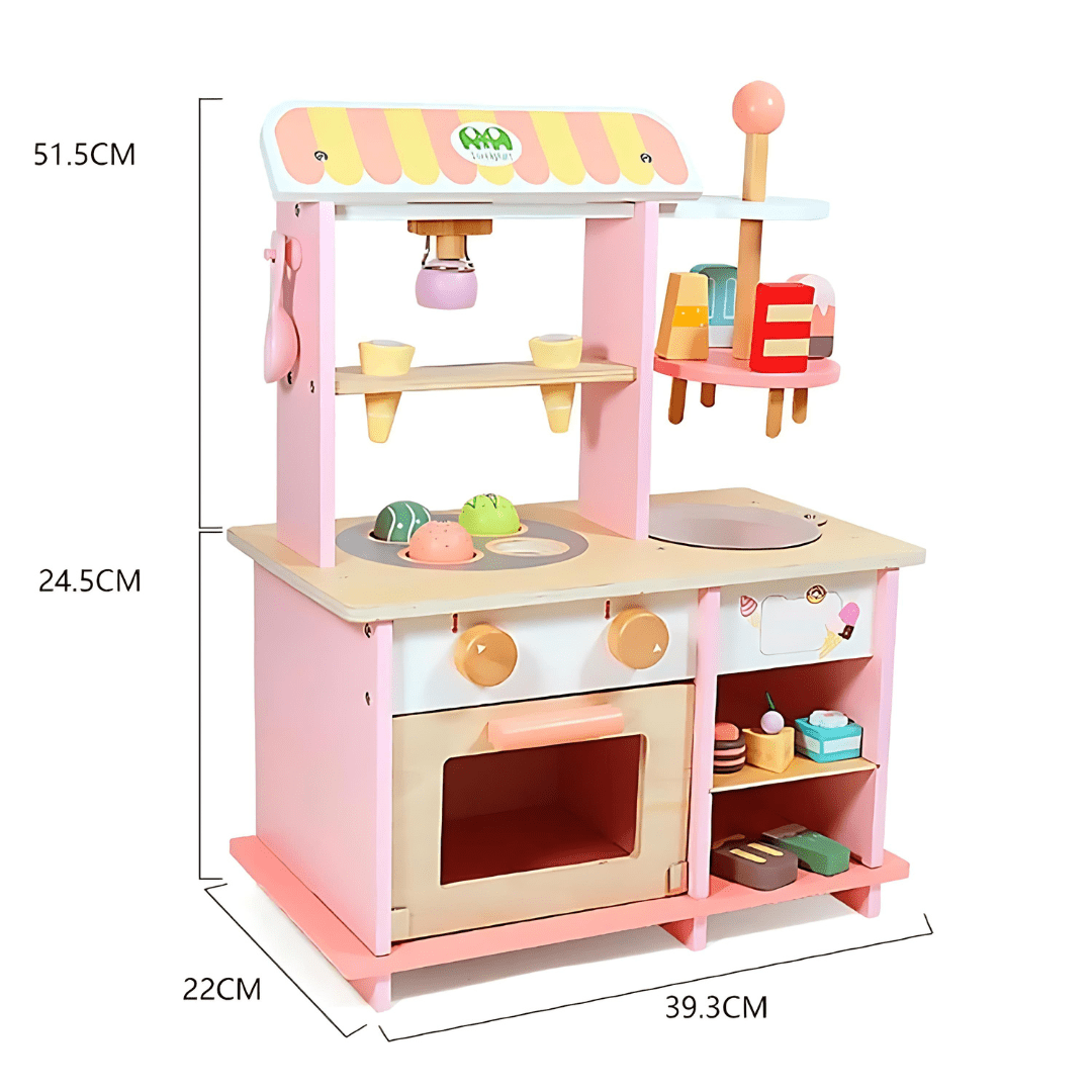 Wooden Ice Cream Shop Play Kitchen – Kids Dessert Stall Toy Set