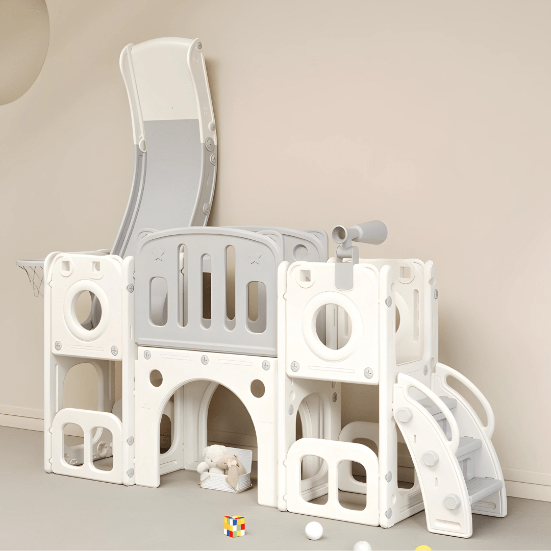 Twin Tower Playhouse With Slide , Durable Indoor/Outdoor Set For Toddlers 12M+