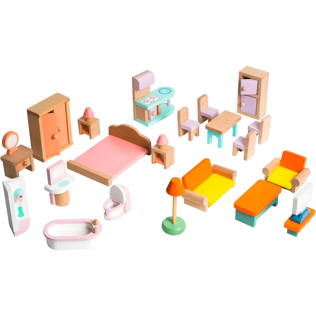 Premium Quality Wood Dollhouse Furniture Set 24pcs