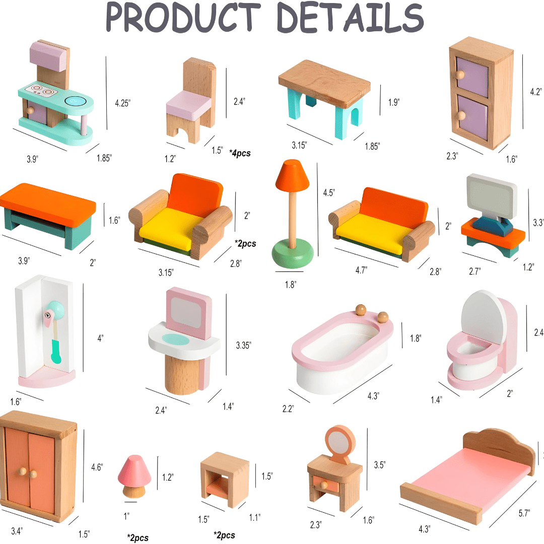 Premium Quality Wood Dollhouse Furniture Set 24pcs