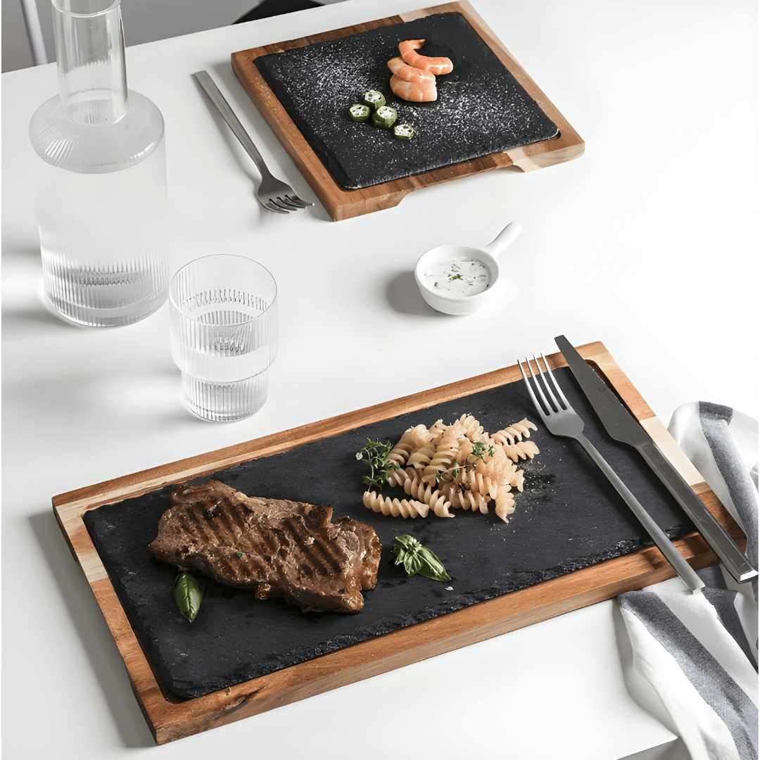 Acacia Wood Steak Serving Board with Slate Stone – Multipurpose Tray