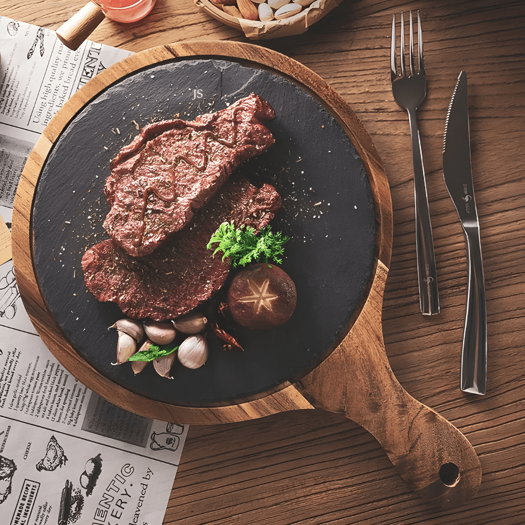 Wooden Steak & Pizza Serving Tray with Handle – Acacia Wood & Slate