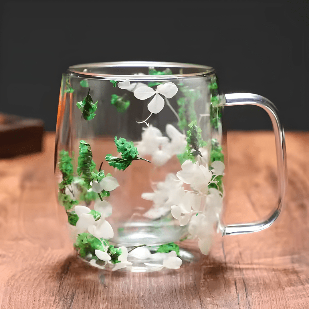 350ml Double-Walled Glass Mug with Dried Flowers – Heat Resistant
