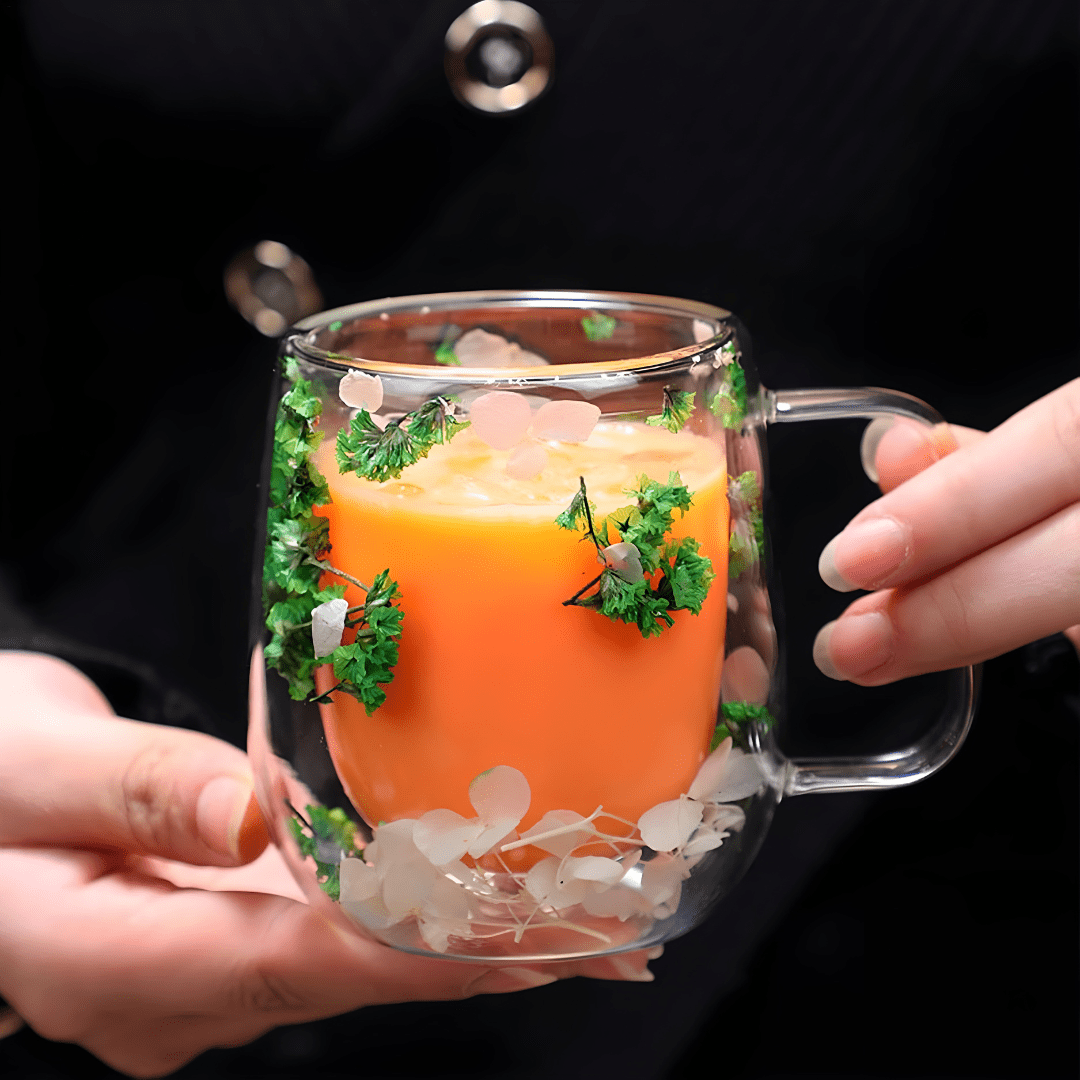 350ml Double-Walled Glass Mug with Dried Flowers – Heat Resistant