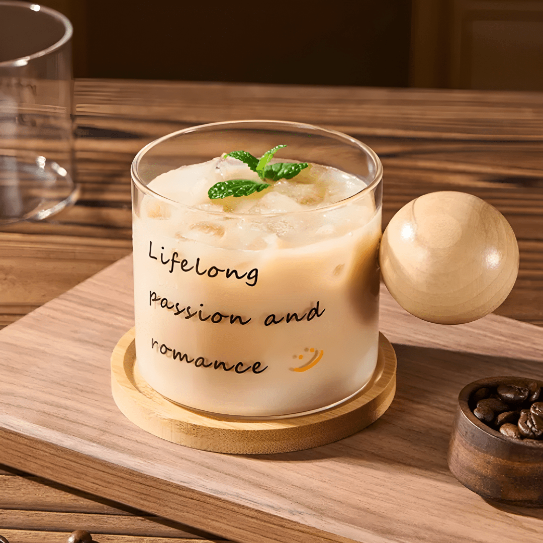 500ml Glass Mug with Wooden Handle & Coaster – Heat Resistant