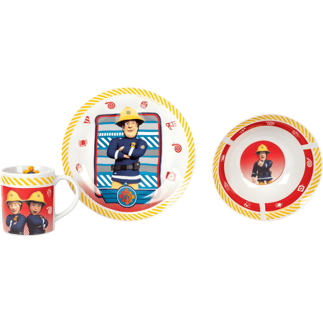 Fireman Sam 3-Piece Porcelain Tableware Set for Kids – Plate, Bowl & Cup