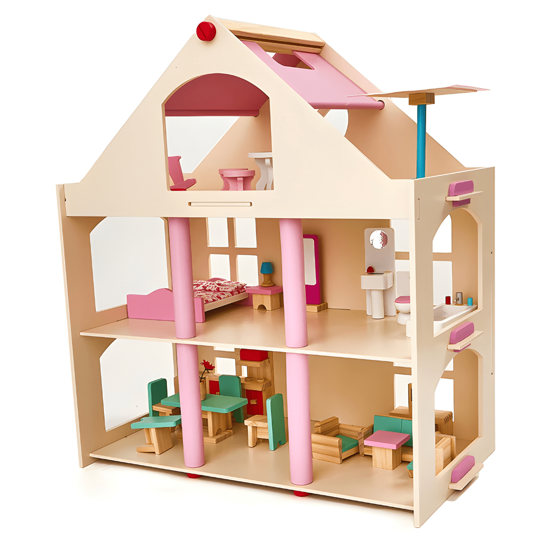 Wooden Dollhouse with Full Furniture Set – 3-Level Playhouse