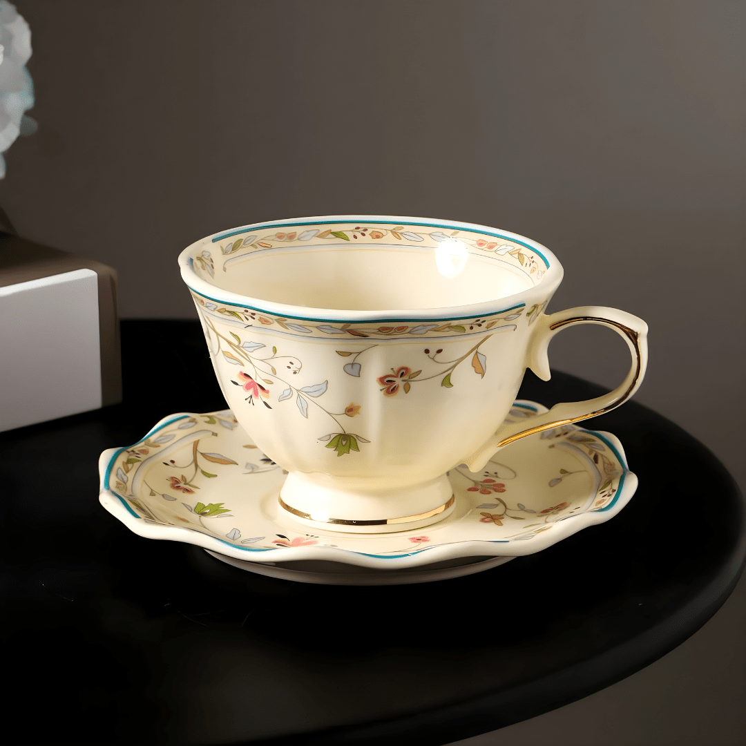 European Retro Ceramic Coffee Cup & Saucer – 250ml, Gold-Edged Floral Design