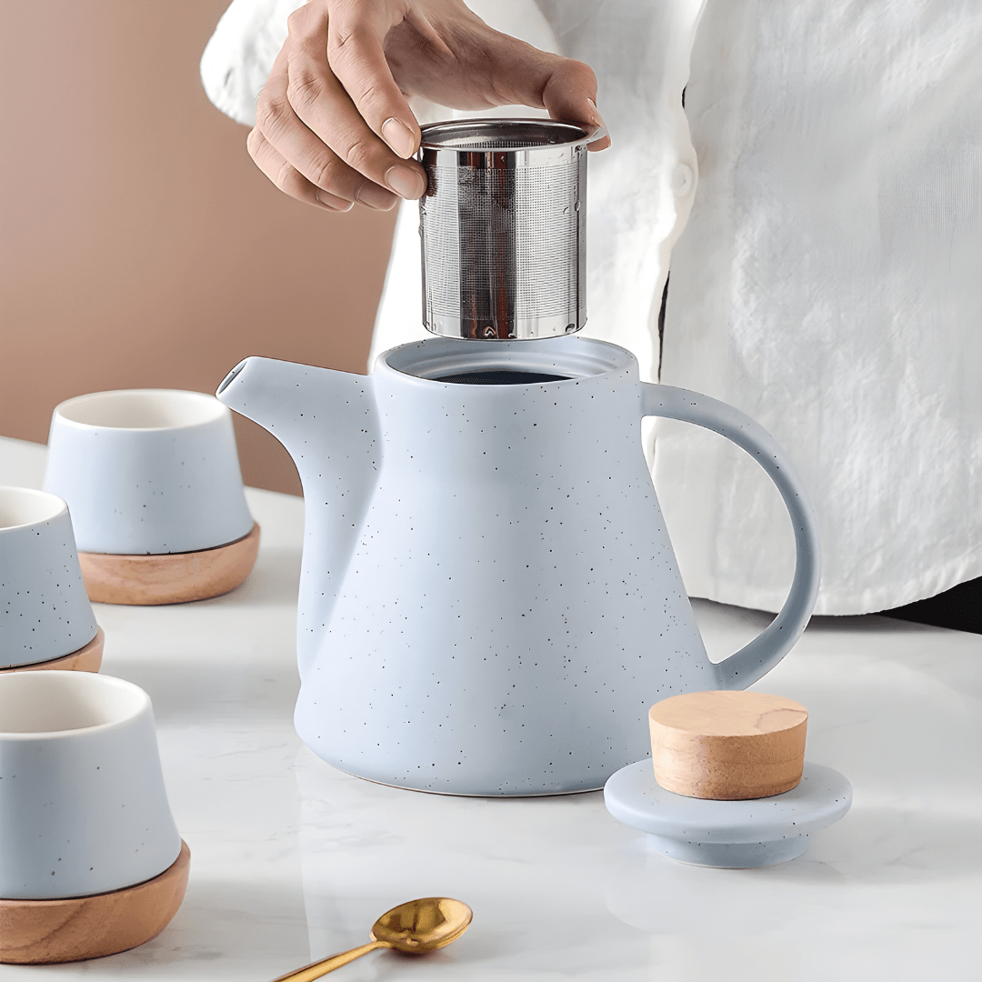 Nordic Matte Porcelain Tea Set – 750ml Teapot with 4 Cups, Infuser & Wooden Coasters