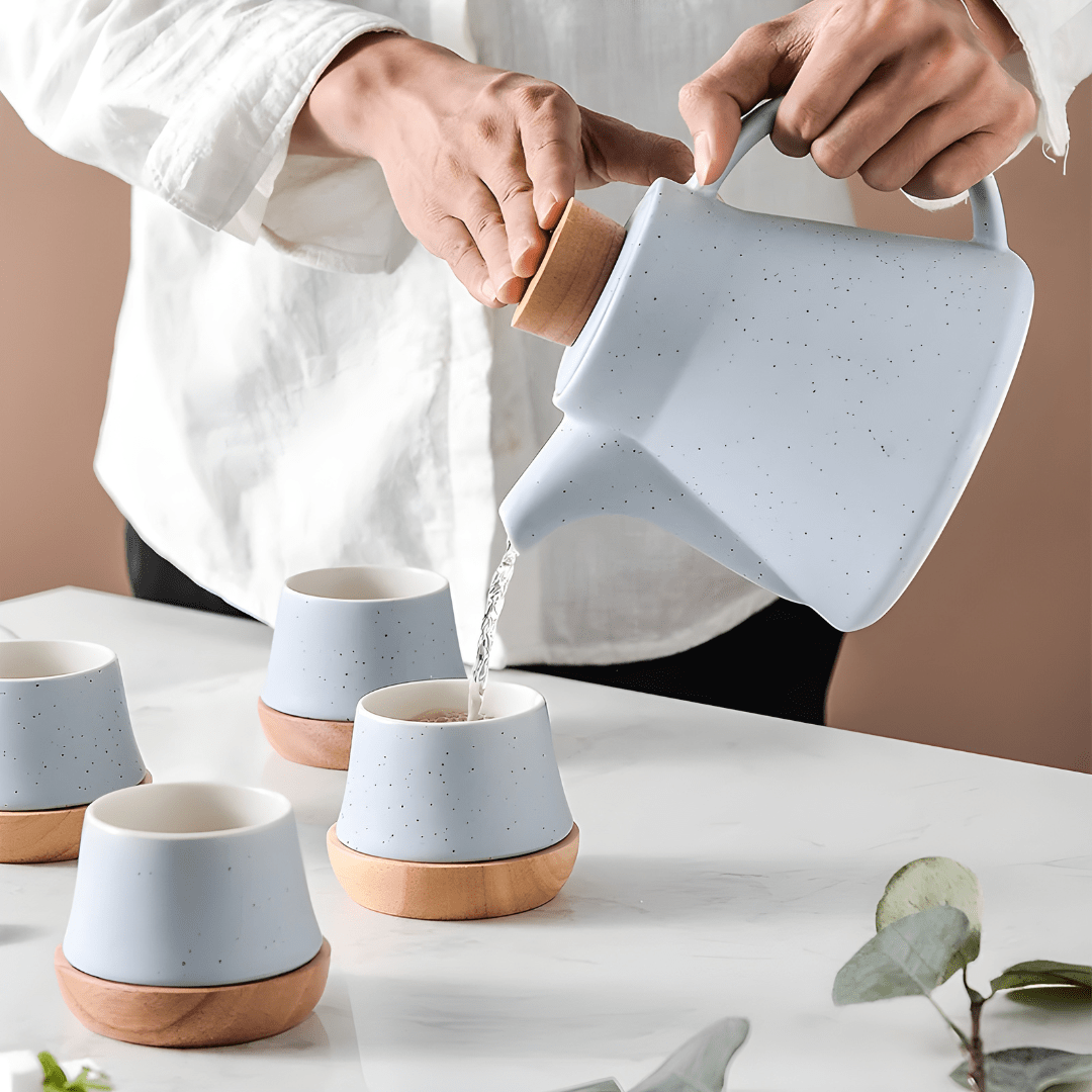 Nordic Matte Porcelain Tea Set – 750ml Teapot with 4 Cups, Infuser & Wooden Coasters