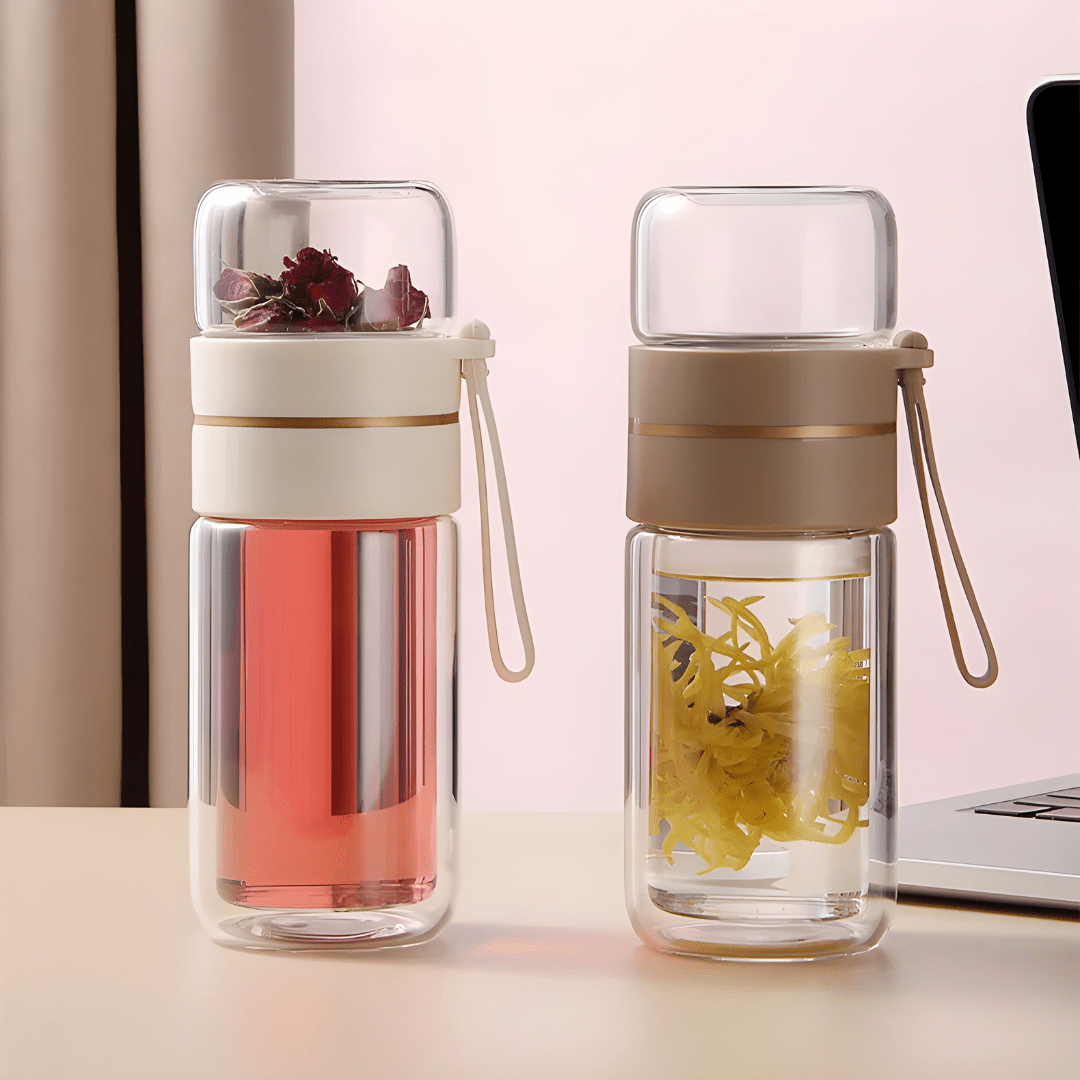 400ml Double-Layer Glass Tea Infuser Bottle – Portable Heat-Resistant Travel Cup