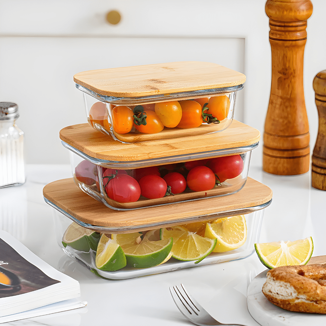 3-Piece Borosilicate Glass Food Storage Set with Bamboo Lids