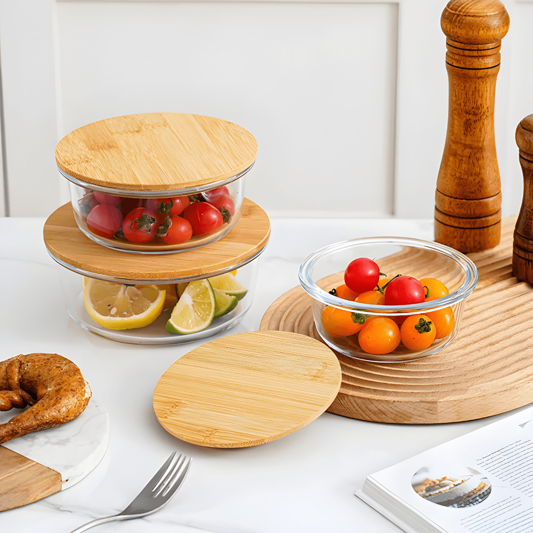 3-Piece Borosilicate Glass Food Storage Set with Bamboo Lids