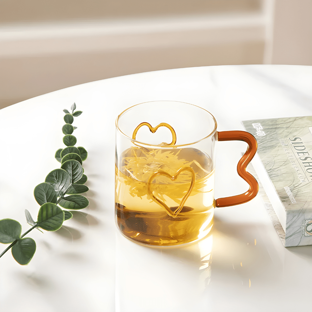 380ml Heart-Shaped Clear Glass Mug with Wavy Handle