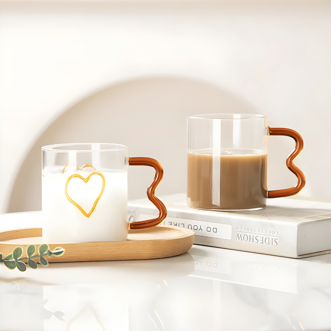 380ml Heart-Shaped Clear Glass Mug with Wavy Handle