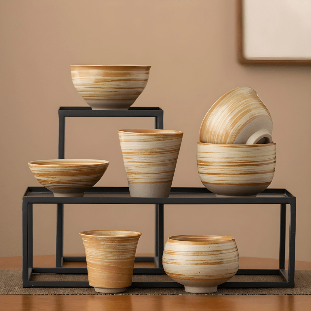 Retro Handmade Stoneware Cup Set – 7-Piece Afternoon Tea Collection