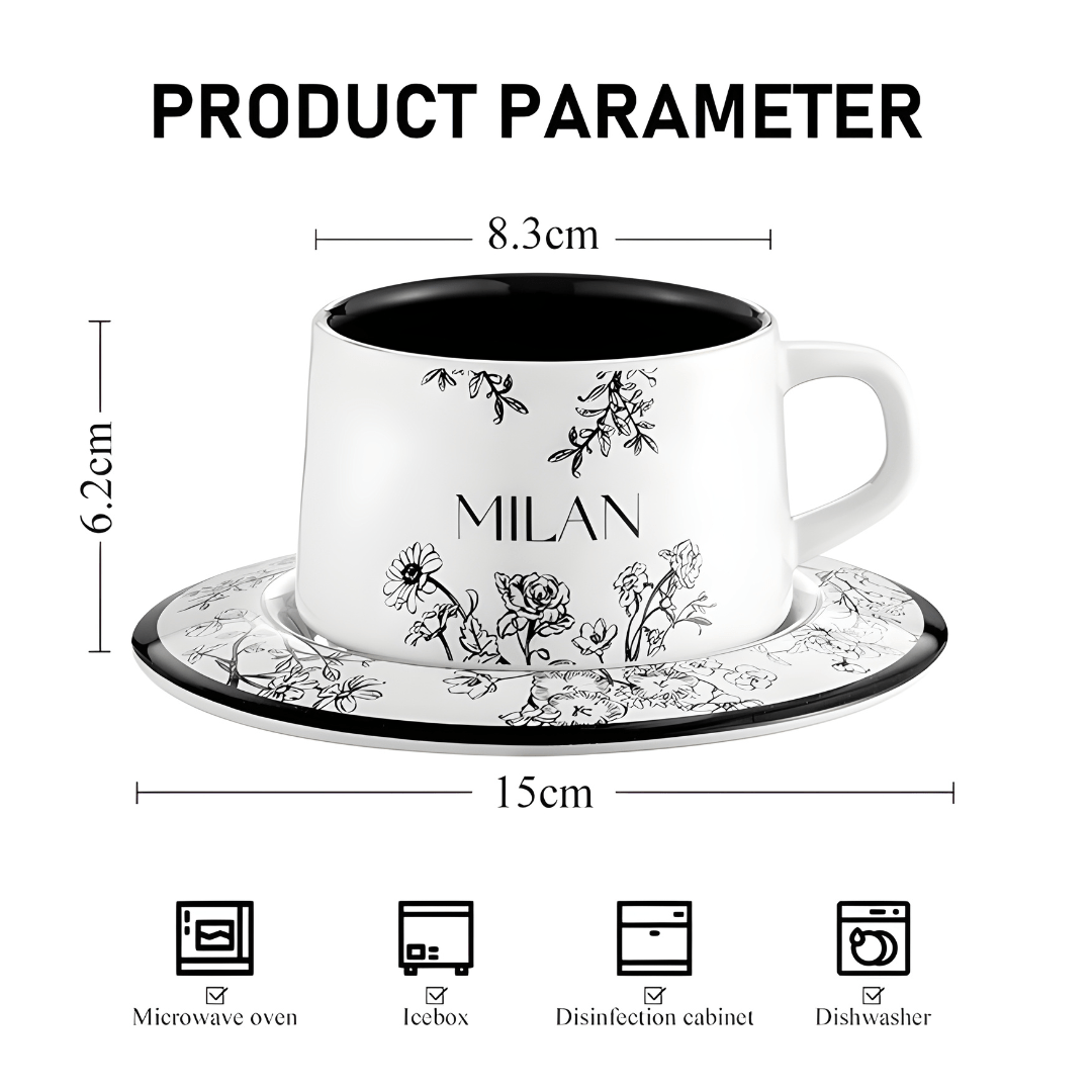 Milan Ceramic Mug with Saucer & Spoon – Vintage Floral Design 220ML