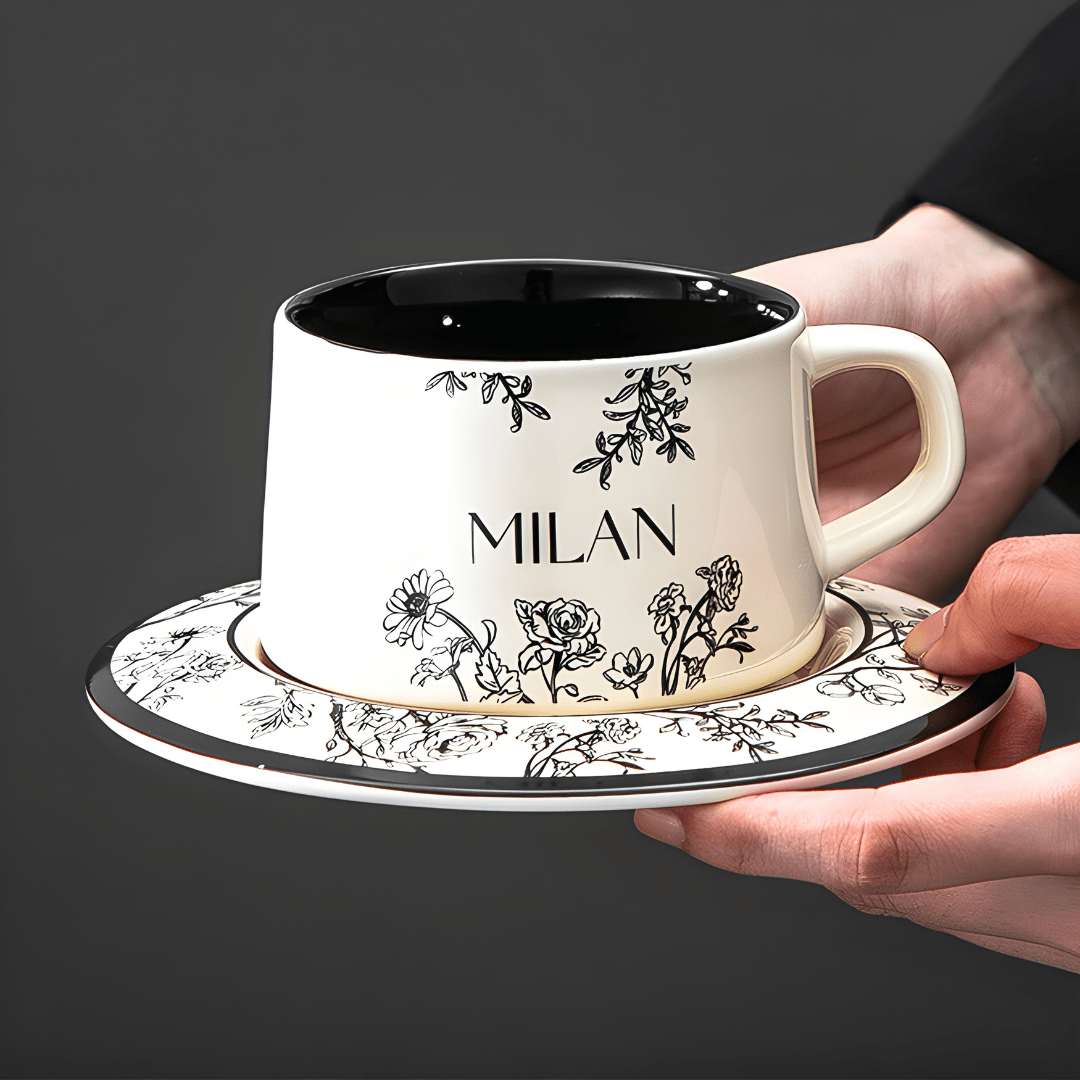 Milan Ceramic Mug with Saucer & Spoon – Vintage Floral Design 220ML