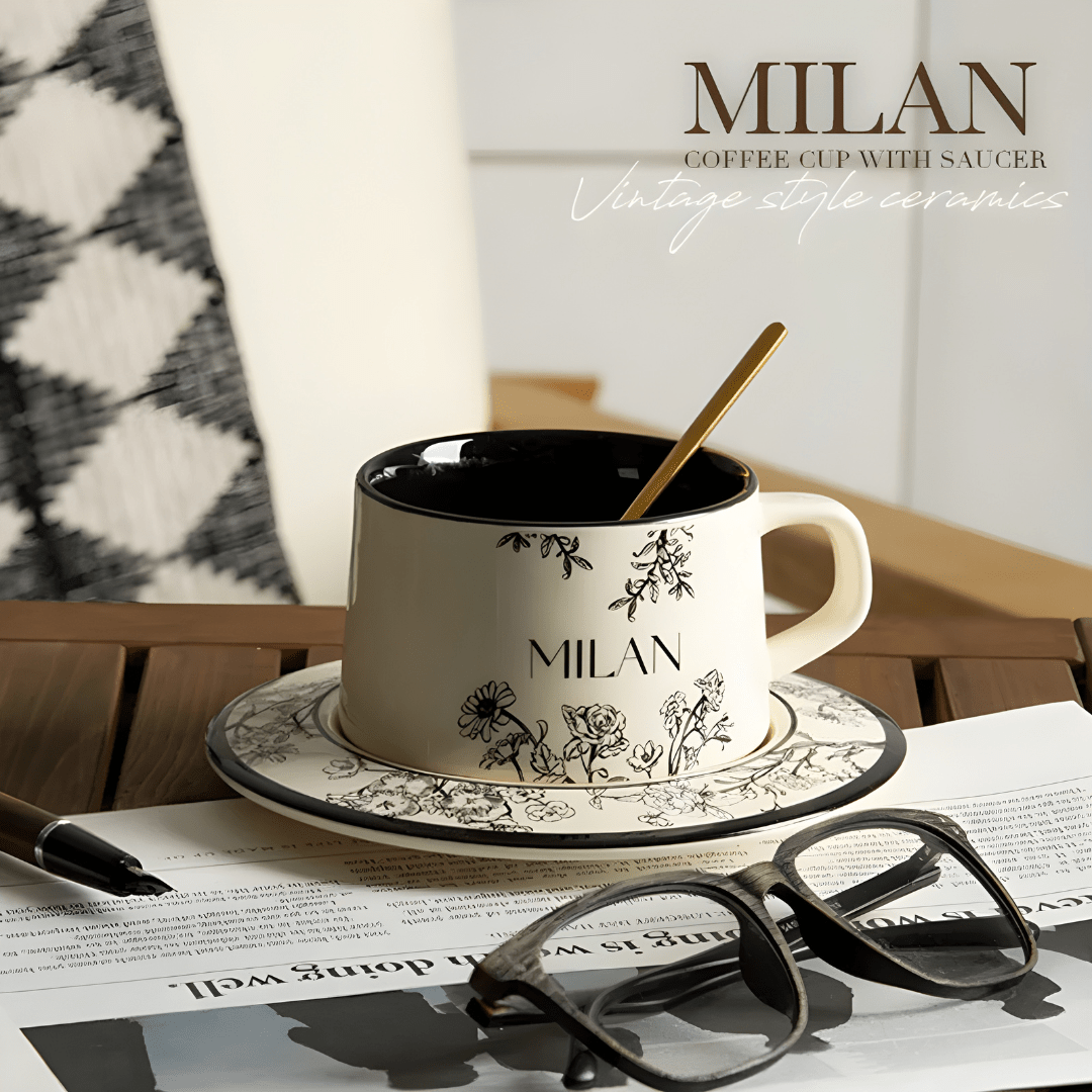 Milan Ceramic Mug with Saucer & Spoon – Vintage Floral Design 220ML