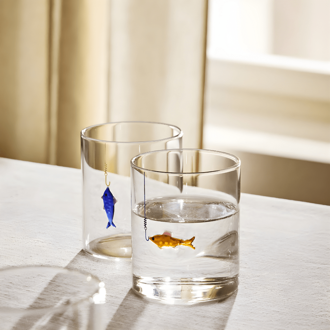 Hand-Blown Fish Hook Drinking Glass – 400ml (Blue or Orange)