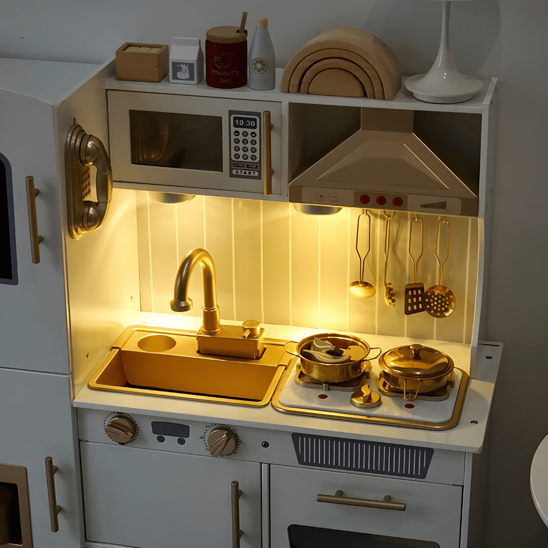 Wooden Kids Kitchen Set with Water, Lights & Sound – Pretend Cooking Fun