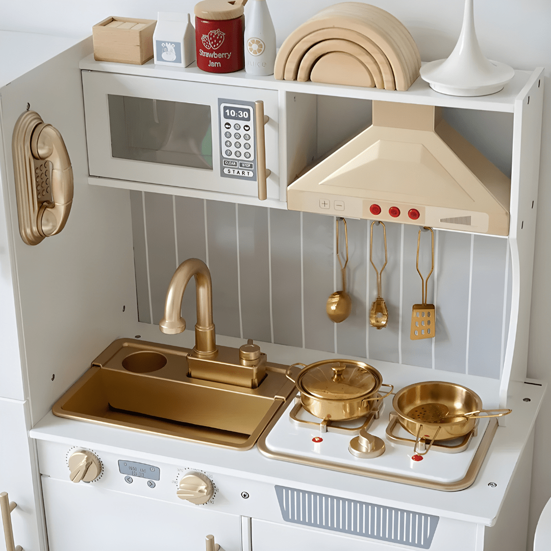 Wooden Kids Kitchen Set with Water, Lights & Sound – Pretend Cooking Fun