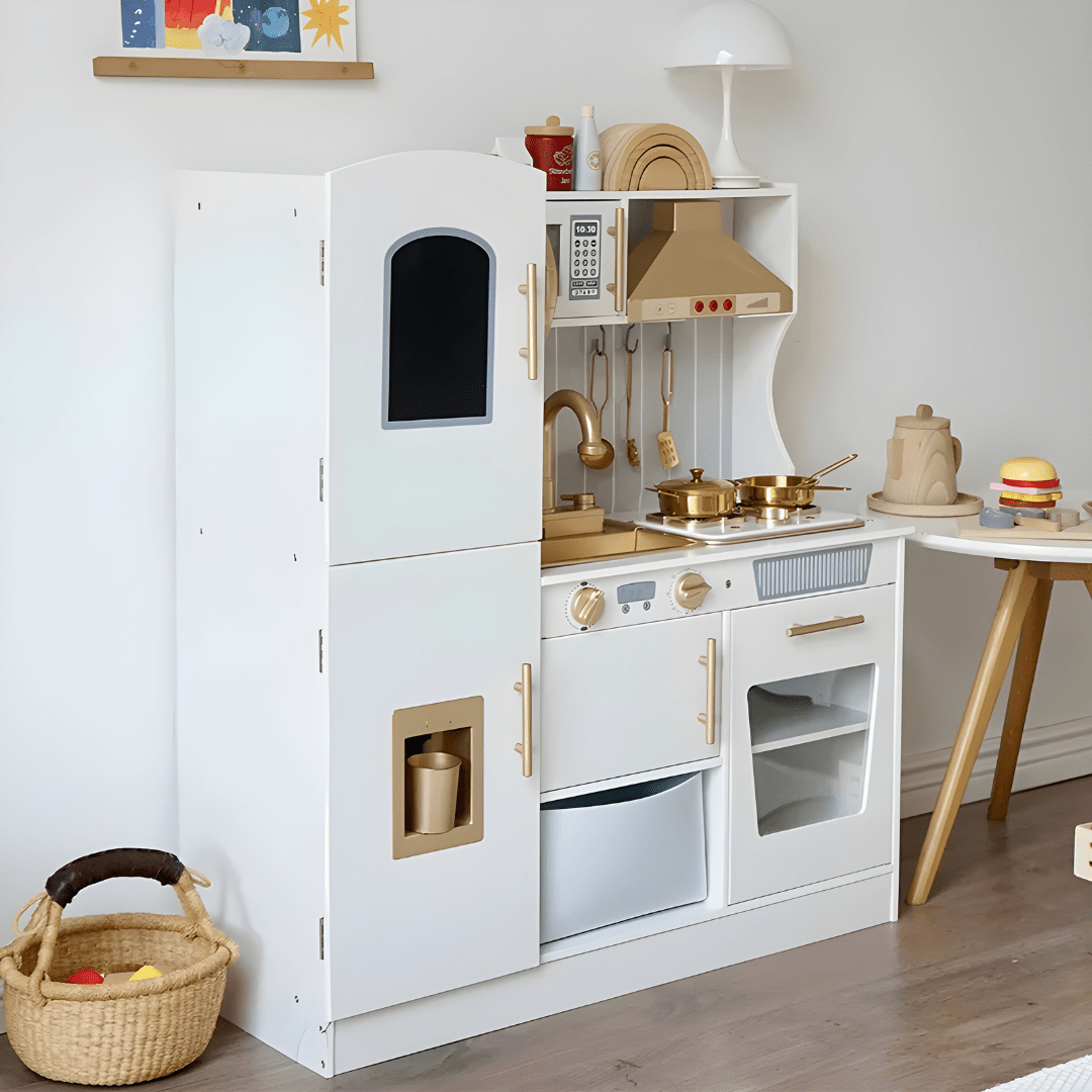 Wooden Kids Kitchen Set with Water, Lights & Sound – Pretend Cooking Fun