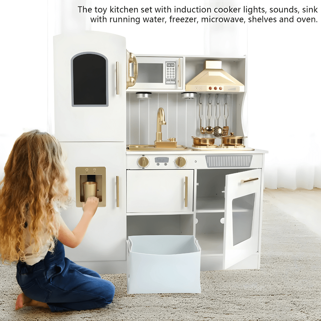 Wooden Kids Kitchen Set with Water, Lights & Sound – Pretend Cooking Fun
