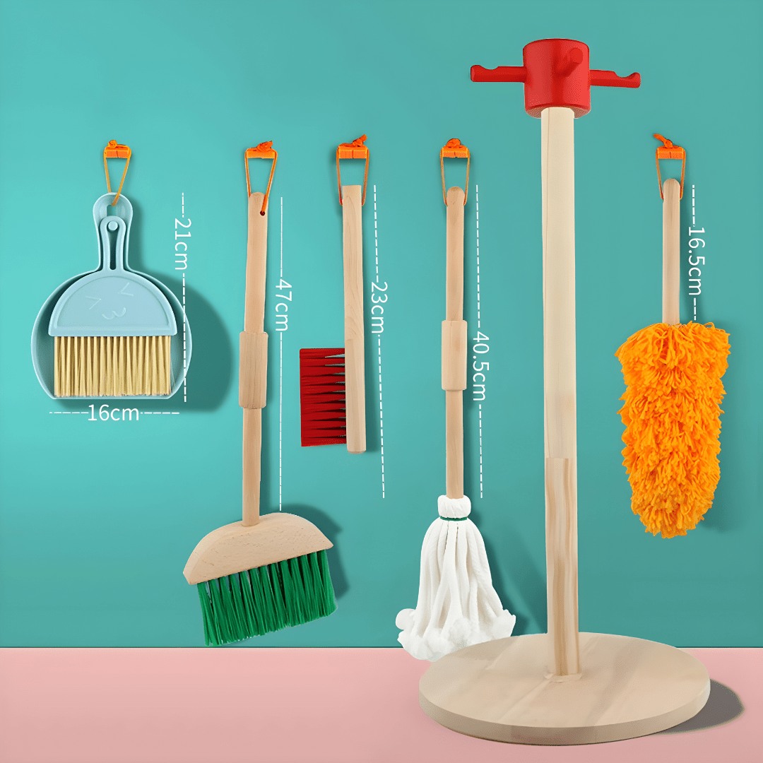 7-Piece Wooden Kids Cleaning Toy Set – Pretend Broom, Mop & Tools