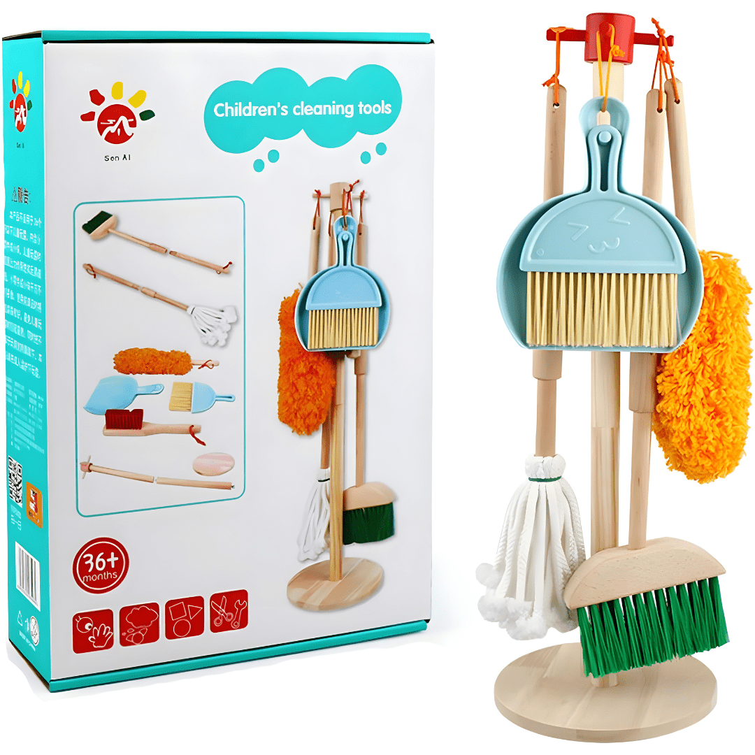 7-Piece Wooden Kids Cleaning Toy Set – Pretend Broom, Mop & Tools