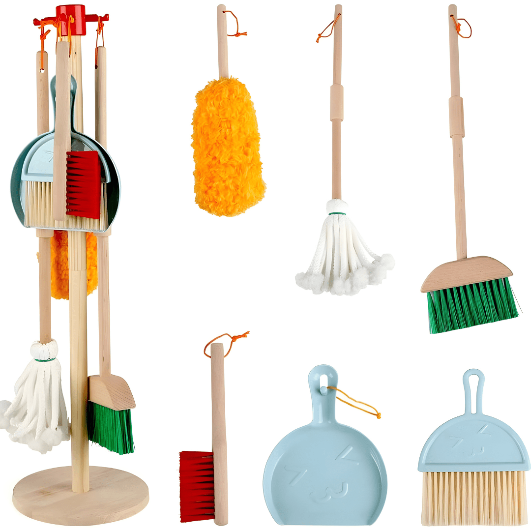 7-Piece Wooden Kids Cleaning Toy Set – Pretend Broom, Mop & Tools
