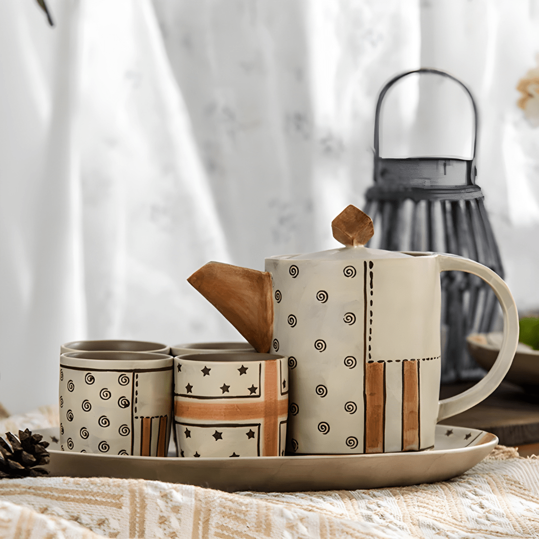 Hand-Painted Stoneware Tea Set – Artisan Teapot with 4 Cups & Tray