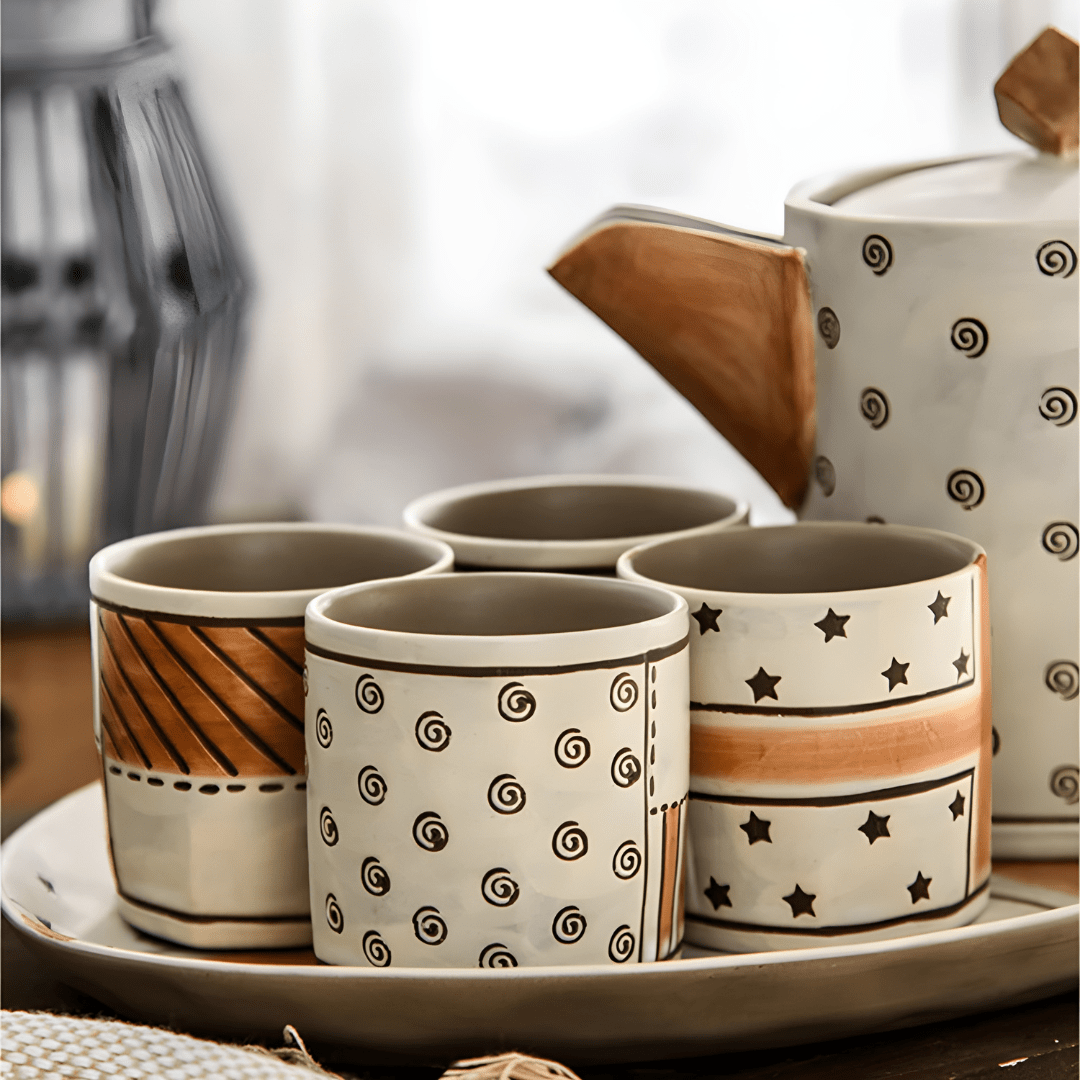Hand-Painted Stoneware Tea Set – Artisan Teapot with 4 Cups & Tray
