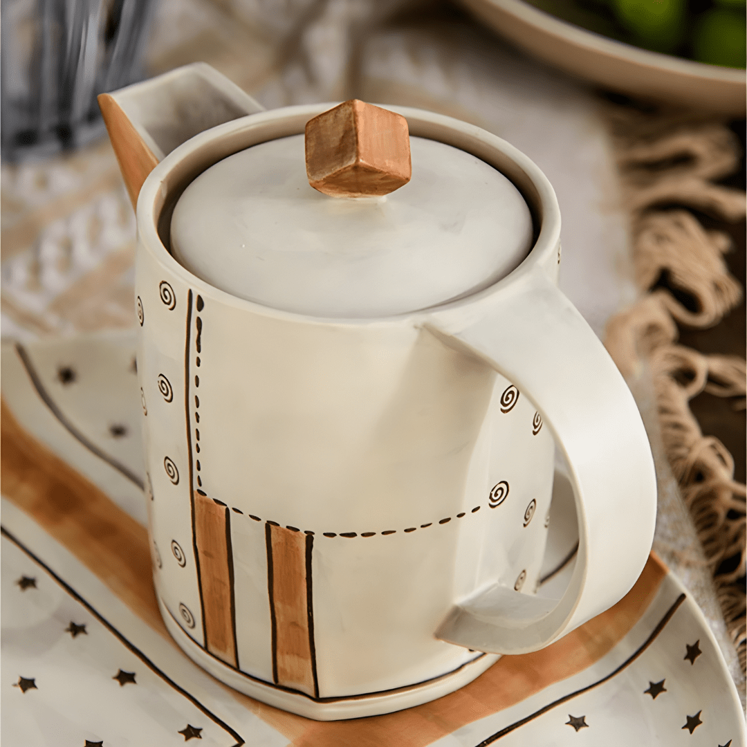 Hand-Painted Stoneware Tea Set – Artisan Teapot with 4 Cups & Tray