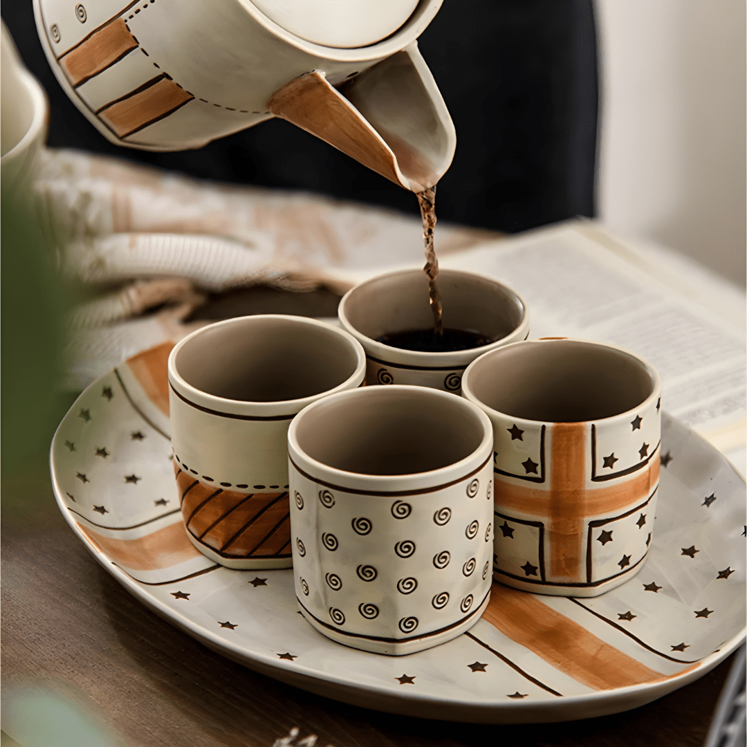 Hand-Painted Stoneware Tea Set – Artisan Teapot with 4 Cups & Tray