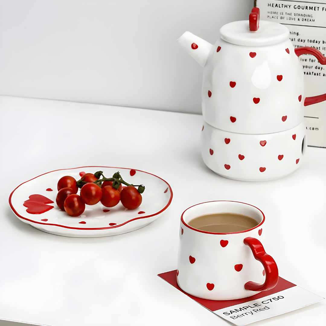 Heart Ceramic Teapot Set with Mug, Dessert Plate & Candle Warmer – 650ml Teapot