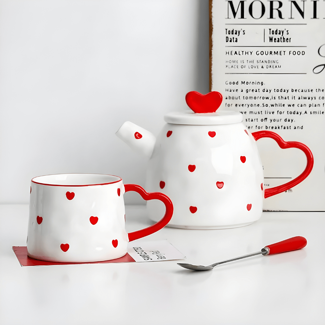 Heart Ceramic Teapot Set with Mug, Dessert Plate & Candle Warmer – 650ml Teapot