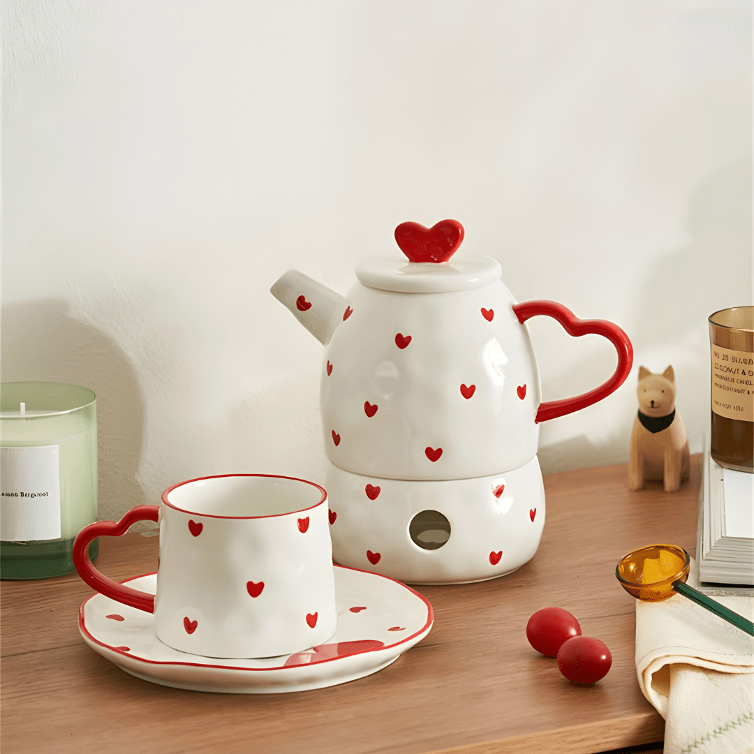 Heart Ceramic Teapot Set with Mug, Dessert Plate & Candle Warmer – 650ml Teapot