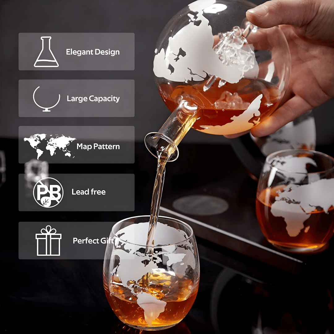 World Map Globe Decanter & 4-Glass Set – 850ml Crystal