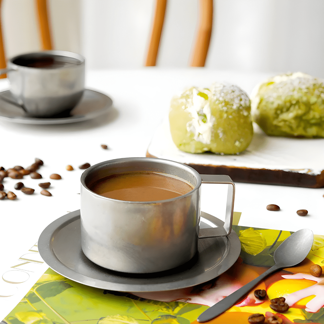 200ml Matte Double-Walled Stainless Steel Mug with Saucer