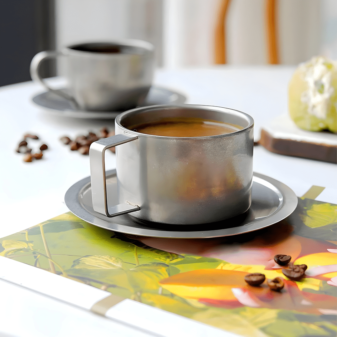 200ml Matte Double-Walled Stainless Steel Mug with Saucer