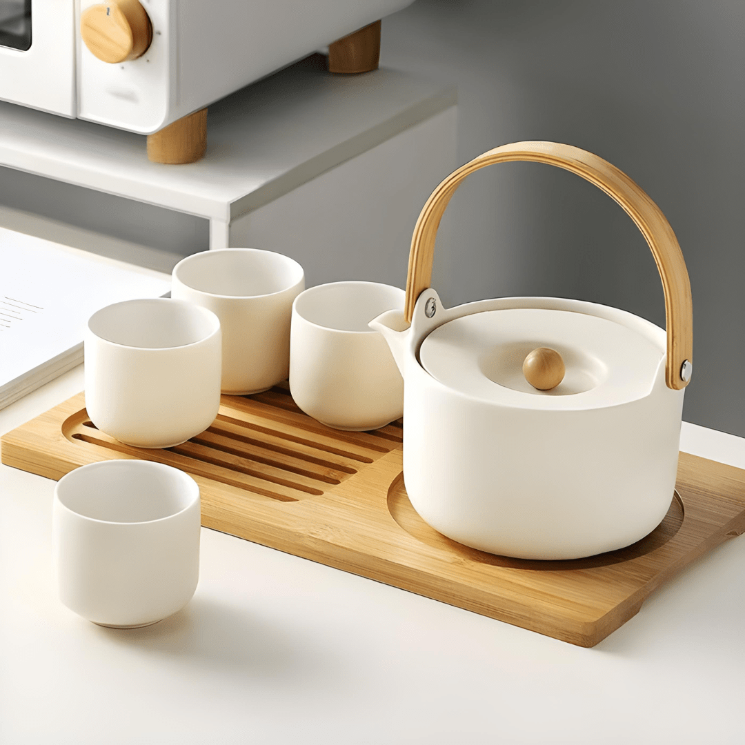 Handmade Ceramic Tea Set with Bamboo Tray – 5-Piece