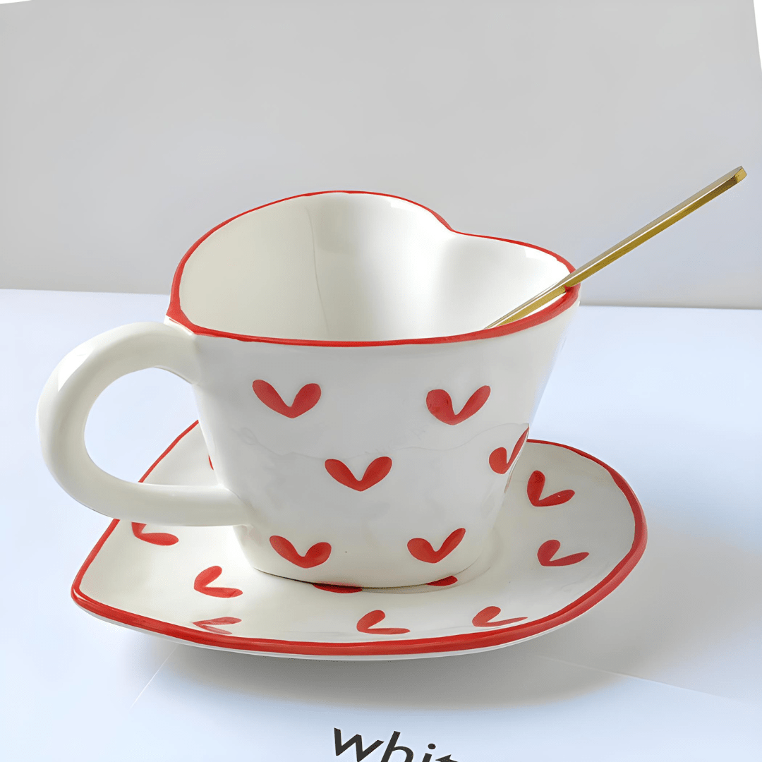 300ml Heart-Shaped Porcelain Mug with Saucer