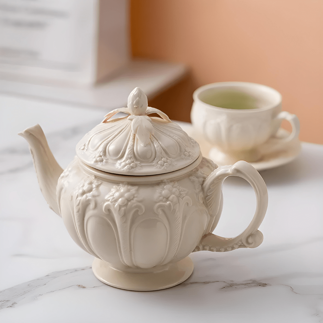 900ml Vintage Porcelain Teapot – French Palace Embossed Design