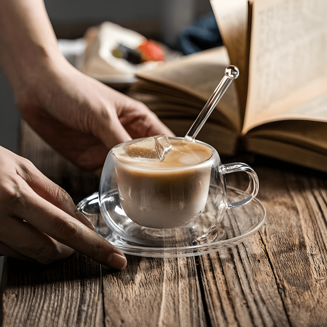 Double Wall Glass Coffee Cup with Saucer & Spoon – 150ml or 350ml