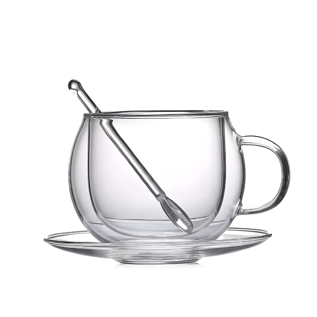 Double Wall Glass Coffee Cup with Saucer & Spoon – 150ml or 350ml