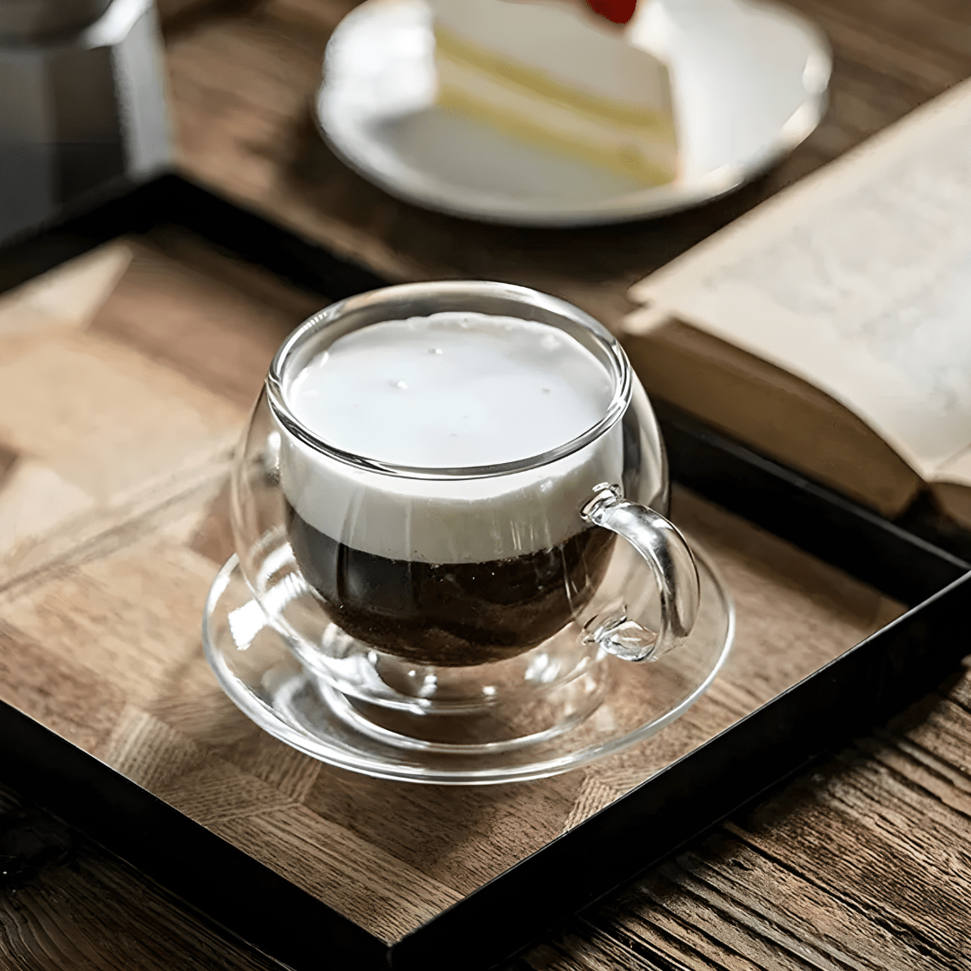 Double Wall Glass Coffee Cup with Saucer & Spoon – 150ml or 350ml