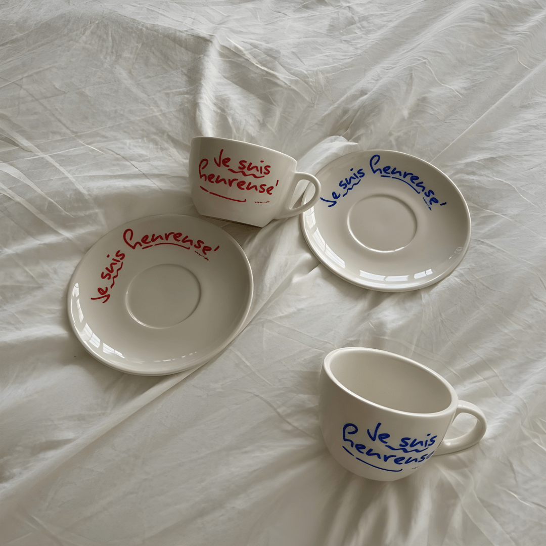 200ml French Quote Ceramic Mug with Saucer – Handwritten Style